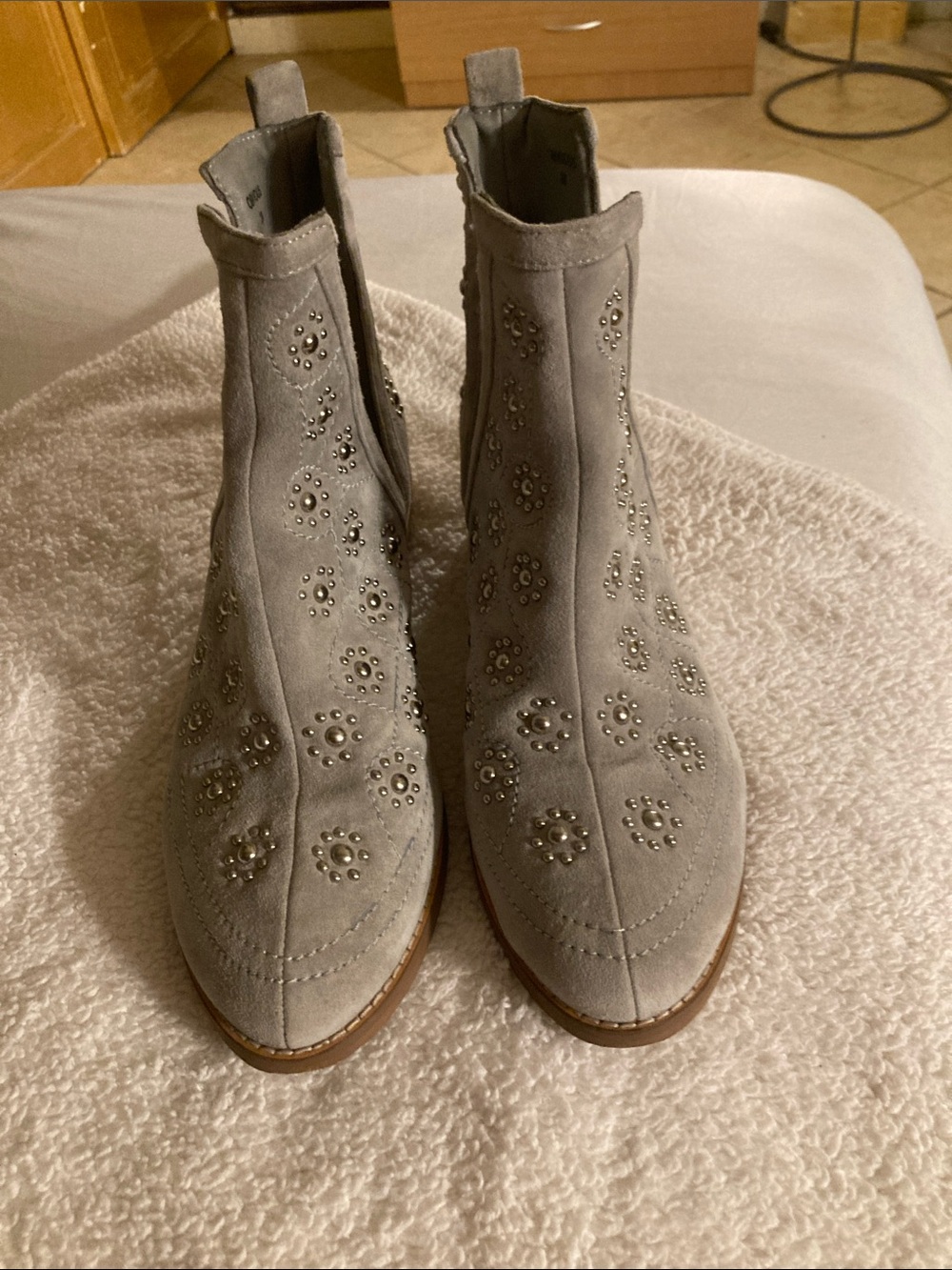 Anthropologie Silent D Suede Studded Ankle Booties in Light Gray